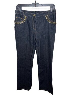 Ruby Rd Petite 6P Straight Leg Jeans Metallic Beaded Blue Denim